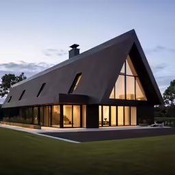 a triangular house with dark shingled roof