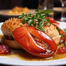 a white plate topped with tomatoes and a pastry