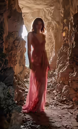 a woman is standing in a cave like area