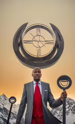 a man holding a pole with a compass