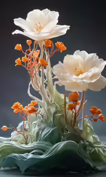 a vase with flowers on a grey table