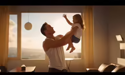 a man is holding a baby up in his room