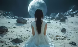 a girl sitting on top of a rock covered field