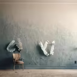 a chair and a wall with white paper flying on it