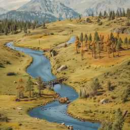 a bridge over a stream in a grassy field