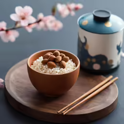 a bowl with rice and nuts next to chopsticks