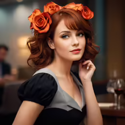 woman with orange roses in her hair posing for photo