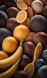bananas, oranges, and kiwi are piled high and neatly
