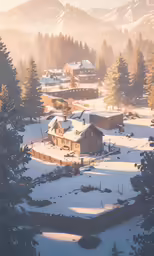 a house in a forest surrounded by snow