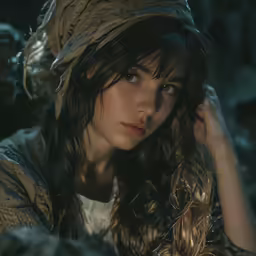 a woman in a hat sitting with long hair
