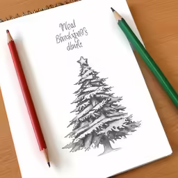 the drawing shows the small christmas tree and a large pencil