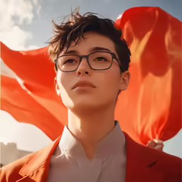 a woman wearing glasses and a red jacket