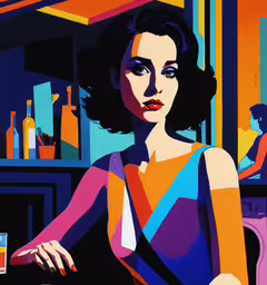 woman sitting at table next to bar with a drink,a woman in an art decourace with a drink