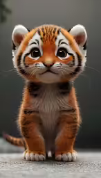 a small brown tiger cub sits and stares at the camera