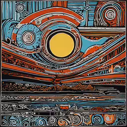 a painting of some sort with many lines and shapes,a large blue and orange print of mountains