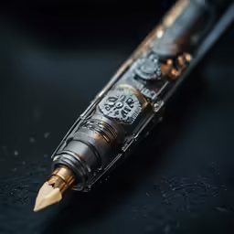 a silver pen sitting on top of a desk with a black surface