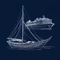 two sailing ships are white on a blue background