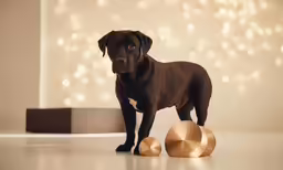 a dog standing on top of two golden balls