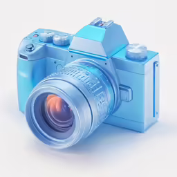 a blue camera that is next to the lens
