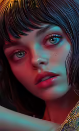 an artistic woman with dark, blue eyes and long hair