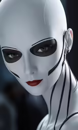 a white robot with face markings and an open mouth