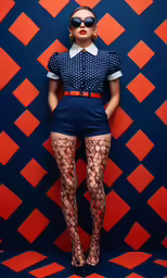 a woman with sunglasses and tights and a blue shirt and black fish net stockings