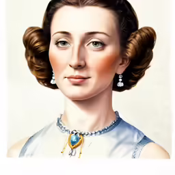 the lady in blue is wearing pearls and earrings