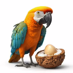 a colorful parrot standing next to an egg in a nest