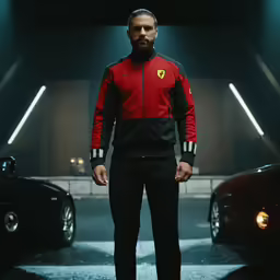 a man stands in a dimly lit space with two racing cars behind him