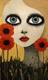 a painting of a girl with blue eyes with red flowers