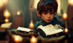 a young boy reading a book in front of candles