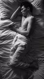black and white photo of a shirtless man laying on the bed,the young man is laying down in his bed