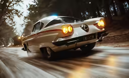 the white sports car with lights on drives on a snow covered road