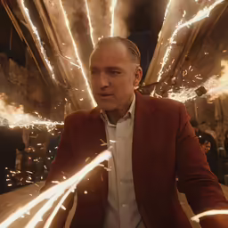 a man with dark hair and a beard, in a red suit, is surrounded by fire and sparks