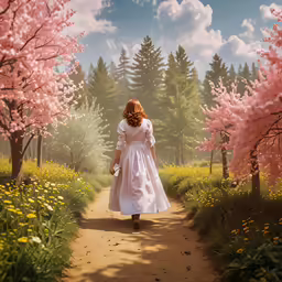 woman dressed in white and walking into a flower filled field