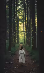 a little girl walking along a path through a forest