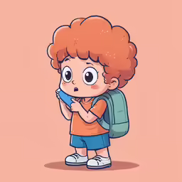 a red haired boy with an orange shirt and backpack