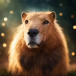 the lion looks straight ahead while in front of lights