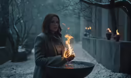 a woman holding a large bowl with fire outside