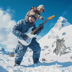 a woman is holding an electric guitar on a snowy mountain