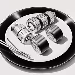 black and white photo of four nut sets on plate