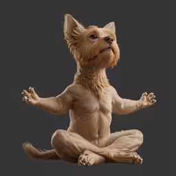 the dog is sitting cross legged in a lotus pose