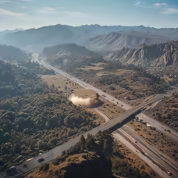 an aerial view of a road through the woods