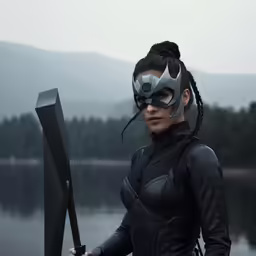 a woman with horns and armor holds up the blades of a pole