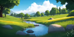 a painting of rocks and plants near a stream