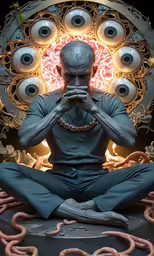 a surreal man in a meditation position sits with his hands on his face