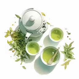 a tea pot, two cups, and some tea leaves