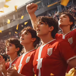 a group of young boys who are standing in front of an arena