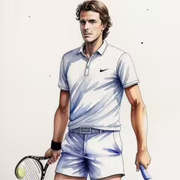 a man in white and blue is holding a tennis racket,there is a man holding a tennis racket,a watercolor drawing of a man holding a tennis racket,a watercolor sketch of a man with a tennis racket,this is an illustration of a man holding a tennis racquet