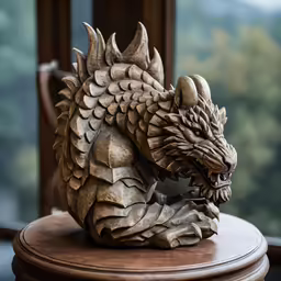 a wooden statue of a dragon on top of a stool